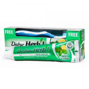 Зубная паста-гель Хербл Мята и Лимон Дабур (Green Gel Toothpaste Herb’l Mint &amp; Lemon Dabur), 150 г. + зубная щётка